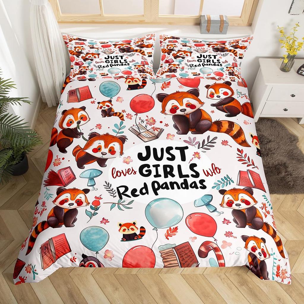 Cute Red Panda Duvet Cover King Size,Pink Love Stars Bedding Set Kawaii Cartoon Animals Comforter Cover Girly Sweet Quilt Cover