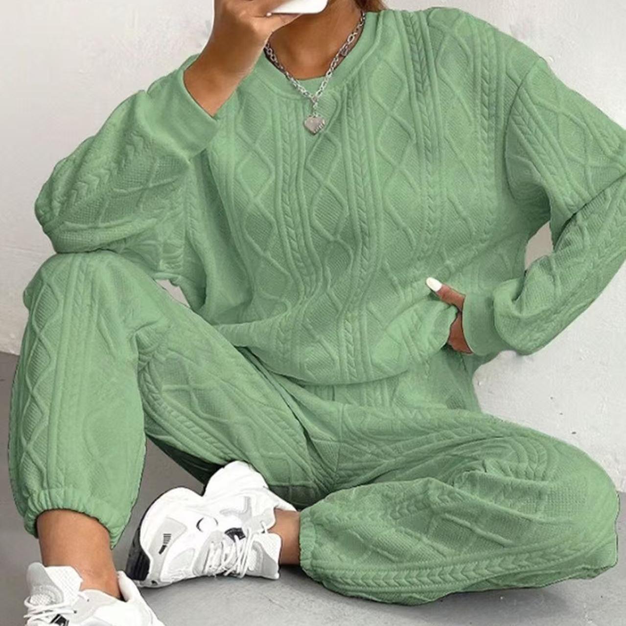

Женский осенне-зимний однотонный жаккардовый повседневный комплект из толстовки и брюк с круглым вырезом и длинными рукавами XL зелёный
