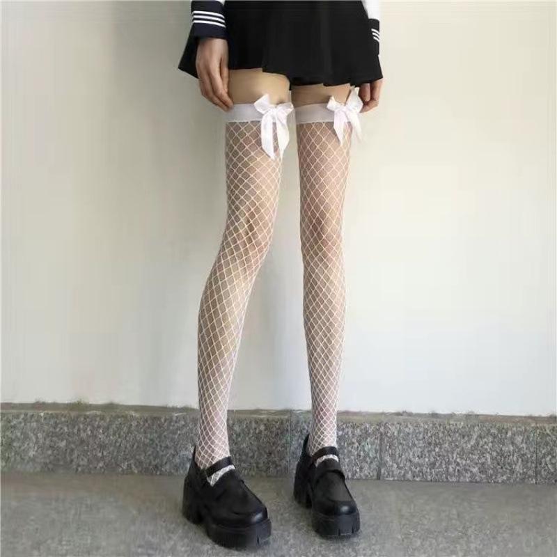 Ultra-Thin Lace Fishnet Thigh-High Stockings - Black/White