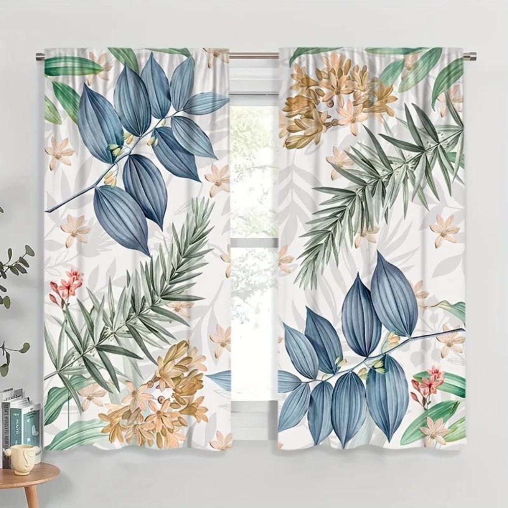 2pc Modern Leaf Floral Print Light-Filtering Curtain Panels UV-Resistant Easy-Care Transparent Drapes for Bedroom Living Room
