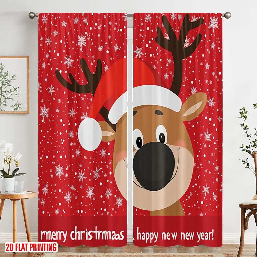 2 Stück, 2D-Flachdruckmuster Vorhänge Niedliches Rentier Weihnachten Schnee_b Vielseitiger Stoff (ohne Stange) Vielseitig Alles Ideal für