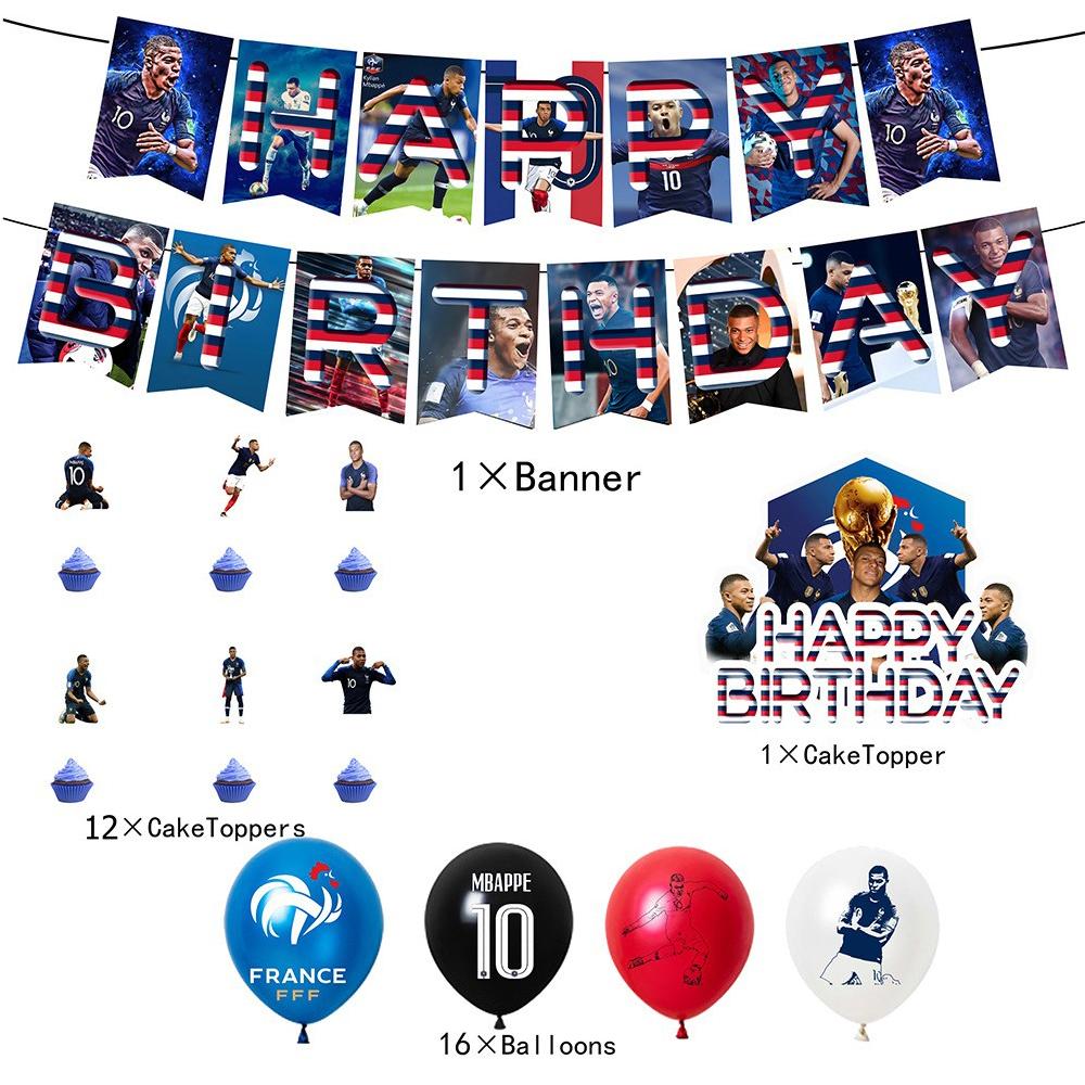 30KS Kylian Mbappé party potřeby včetně banneru, zavírače dortu, balónků