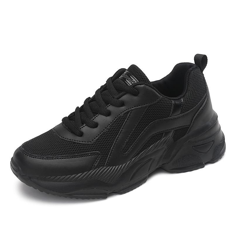 All Black Platform Dad Shoes Women's Breathable Mesh Sports Casual Shoes Lightweight Soft Sole Non-slip Comfortable Work Shoes Women