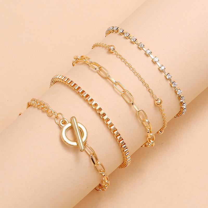 European Trendy Metal Diamond Bracelet Set - 5-Piece Versatile Fashion Collection золотой