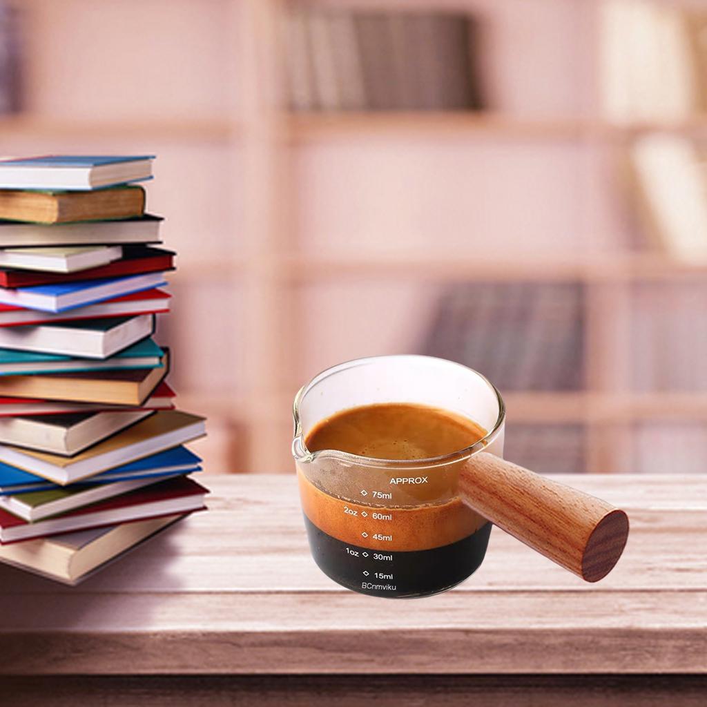 Clear Scale Heat Resistant Measuring Cup with Wooden Handle Small Glass Ounce Cup for Coffee Barista Kitchen