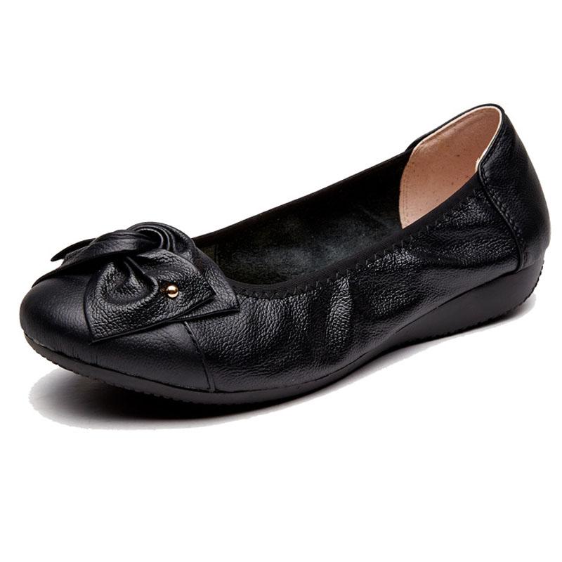 Spring Shoes Woman Flats Genuine Leather Slip On Ballet Flats Bowknot Casual Women Shoes Moccasins Loafers Plus Size 43 WSH3376