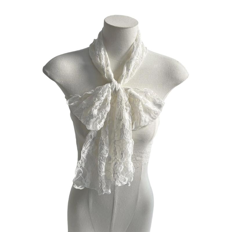 

Stylish Lace Floral Silk Scarf With Ruffle Design Breathable Neck Wrap Narrow Scarf For Spring Outfit Women Neckpiece бежевий
