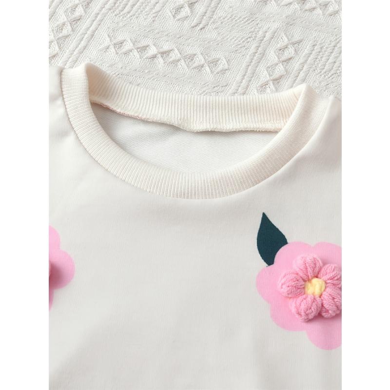 Girls' Autumn and Winter Set, Girls' Fashion Design Floral Long Sleeve Round Neck Top + Ribbed Slim Fit Pants, Breathable