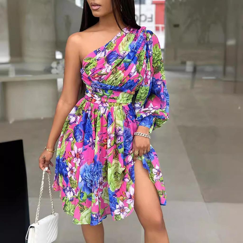 Abito Midi Stampato Boho da Donna a Spalla Singola con Maniche Lunghe Abito Casual Boemo per le Vacanze da Donna
