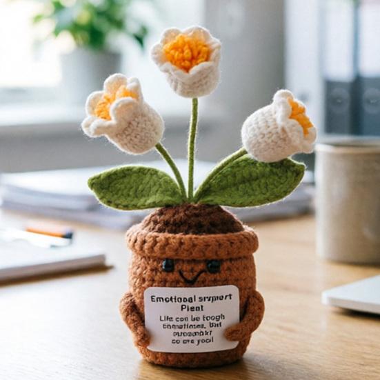 Emotional Support Crochet Flower Handmade Small Potted Lily of The Valley with Affirmation Card Inspirational Knitted Flower Gifts