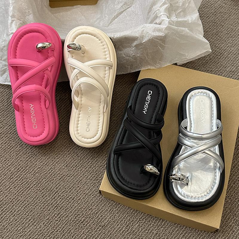 Fashion Female Sandal Comfort Shoes for Women With Heel Cross 2025 Summer Muffins shoe Girls Beige New Velvet Thick Low Beach Fash