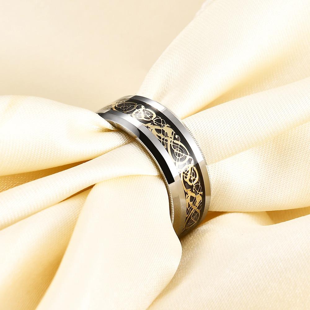 8MM Tungsten Steel Ring with Dragon Design Inlaid Stainless Steel Smooth Finish Mens Jewelry