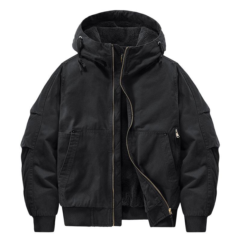 Jacket Men's Autumn and Winter Fleece Thickened Functional Washed Tooling Top Loose Large Size Cotton Hooded Jacket