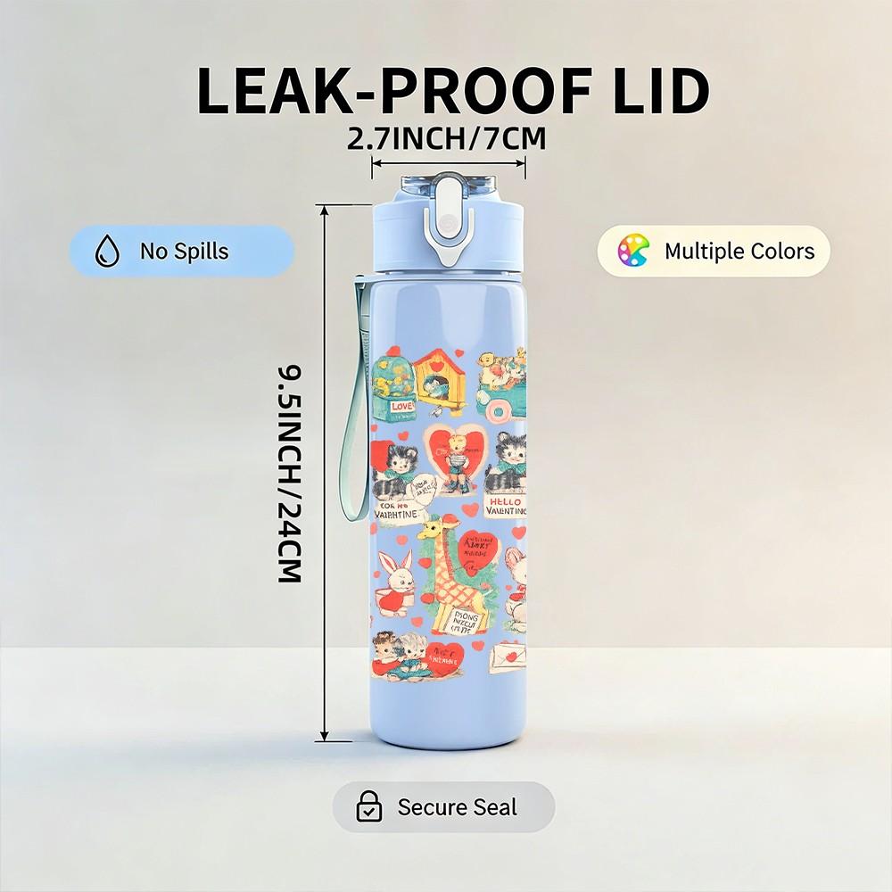 1PC Cute Cartoon Character Scrapbook Print 750ml Color Plastic Sports Water Bottle Leakproof Flip Straw Lid Suitable for Sports Office Home Use