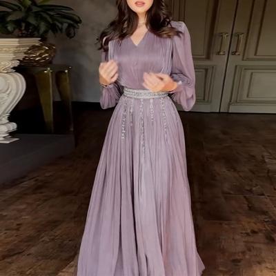 Yousheng Damen Maxikleid V-Ausschnitt Puffärmel Langarm Tailliertes Design Langes Kleid Faltenwurf Fließender Saum Dünnes Garn Kleiderkleid