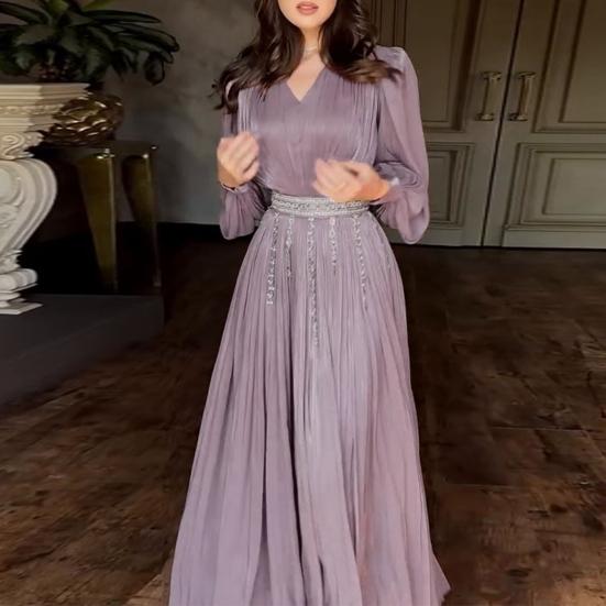 Women Maxi Dress V-Neck Puff Long Sleeve Waist-Hugging Design Long Dress Pleated