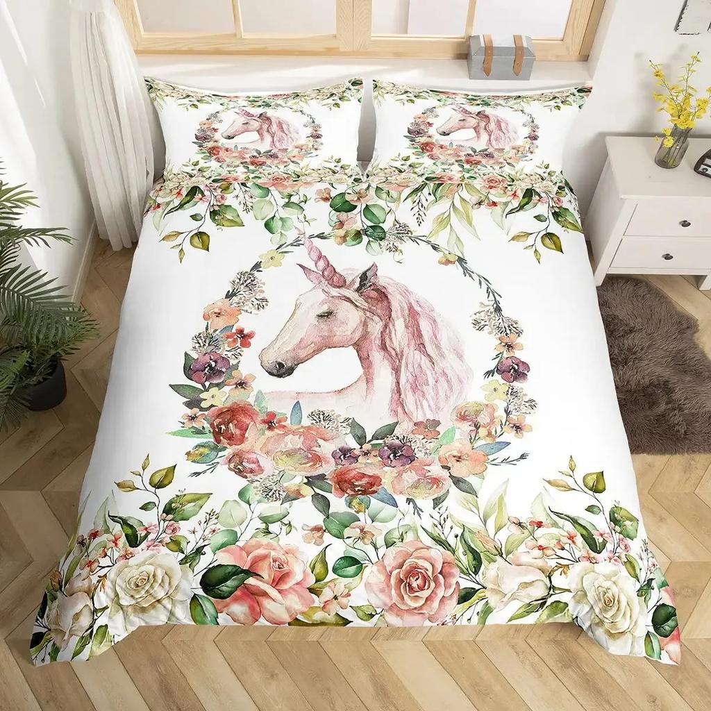 Unicorn Duvet Cover Set Floral Unicorn Bedding Sets Galaxy Constellation Comforter Cover Magical Fantasy Botanical Quilt Cover