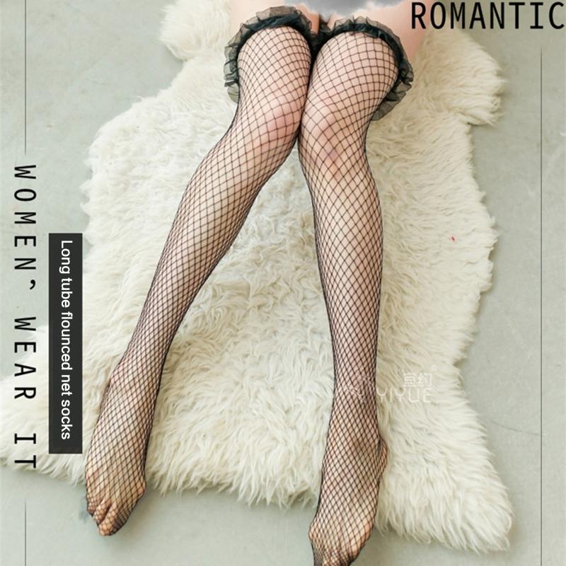 Women See Through Sexy Fishnet Thigh High Stockings Ruffled Lace Top Over The Knee Long Socks Nightclub Lingerie Hosiery