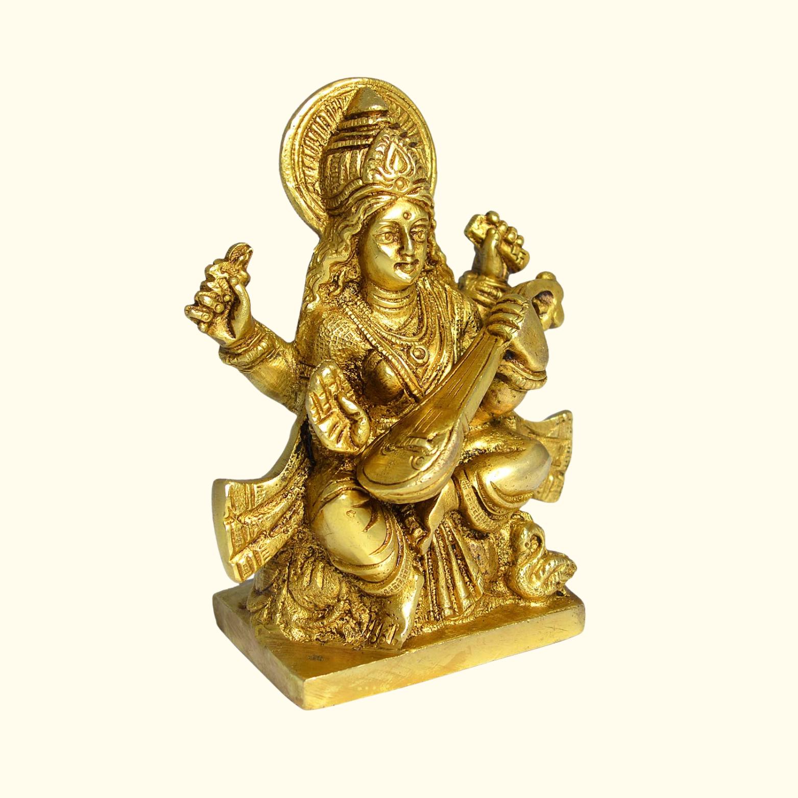 

Maa Saraswati Idol, Religious Hindu Goddess Brass Statue, Golden, Brass Murti