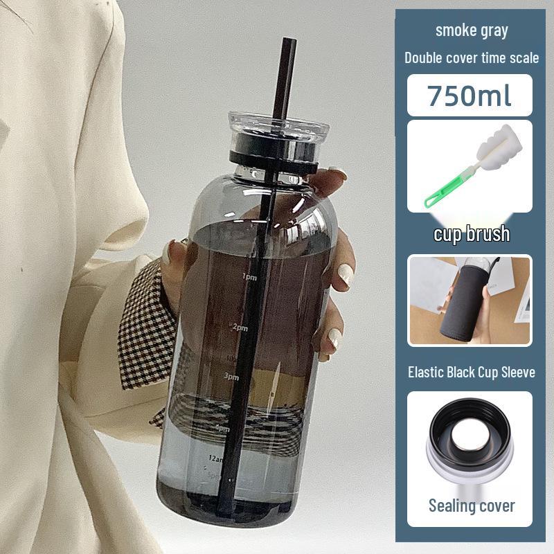 Double-Lid High Borosilicate Glass Travel Cup with Leather Sleeve