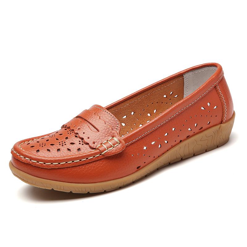 Spring new hollowed-out leather shoes medium and old women's single shoes, female real soft-soled wedges