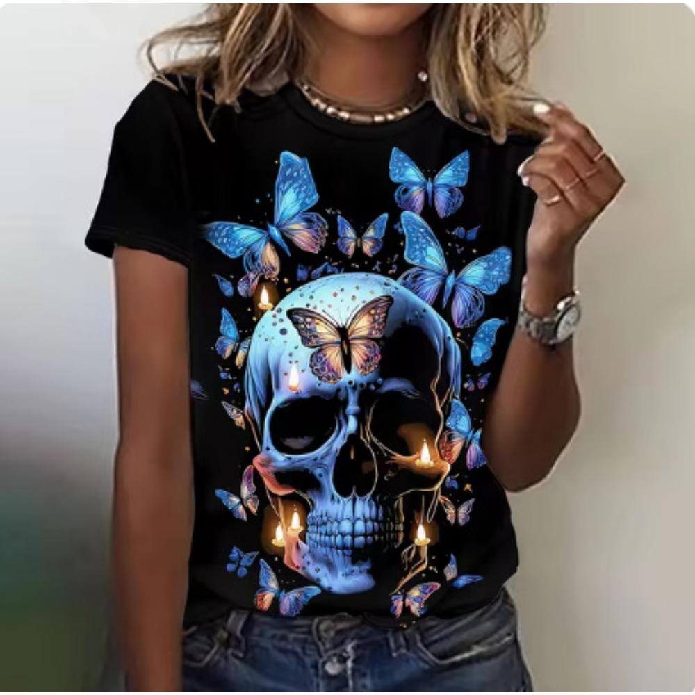 Summer Horror Skull Gothic Style 3D Printed Women's Street Round Neck Short Sleeved T-shirt