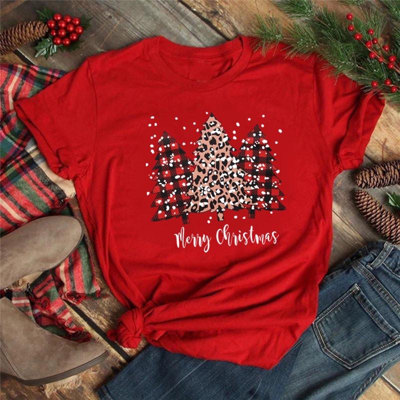 

Женская новогодняя одежда Клетчатая елка Красная футболка Женская футболка XS