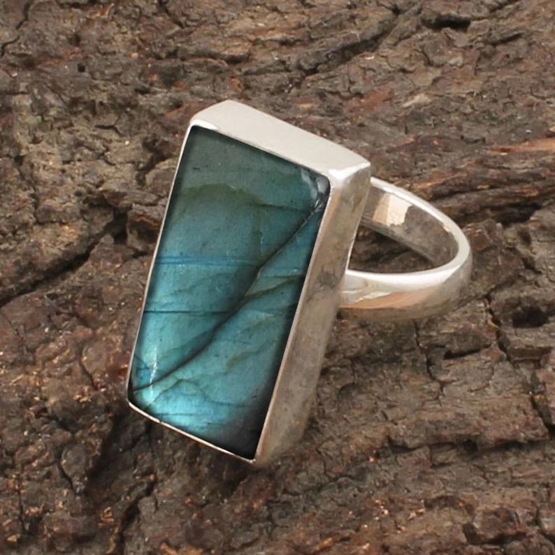 Natural Labradorite Gemstone Rectangle Ring, Solid 925 Sterling Silver Ring, Wedding Ring, Handmade Jewelry Ring For Women