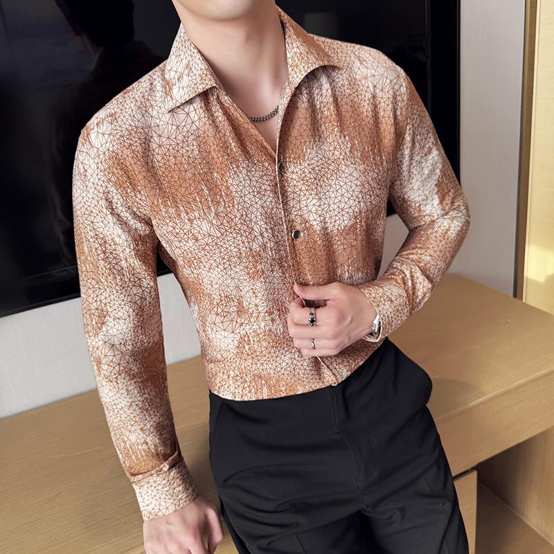 

Мужские социальные рубашки в британском стиле с модным принтом и длинным рукавом, мужская классическая рубашка, облегающая универсальная деловая официальная одежда, блузки для мужчин 3XL хаки