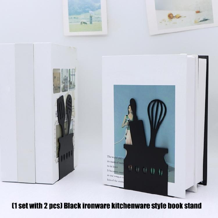 2Pcs Black Metal Bookends Kitchenware Themed Book Stoppers Heavy Duty Desk Book Organiser For Office Home Library School