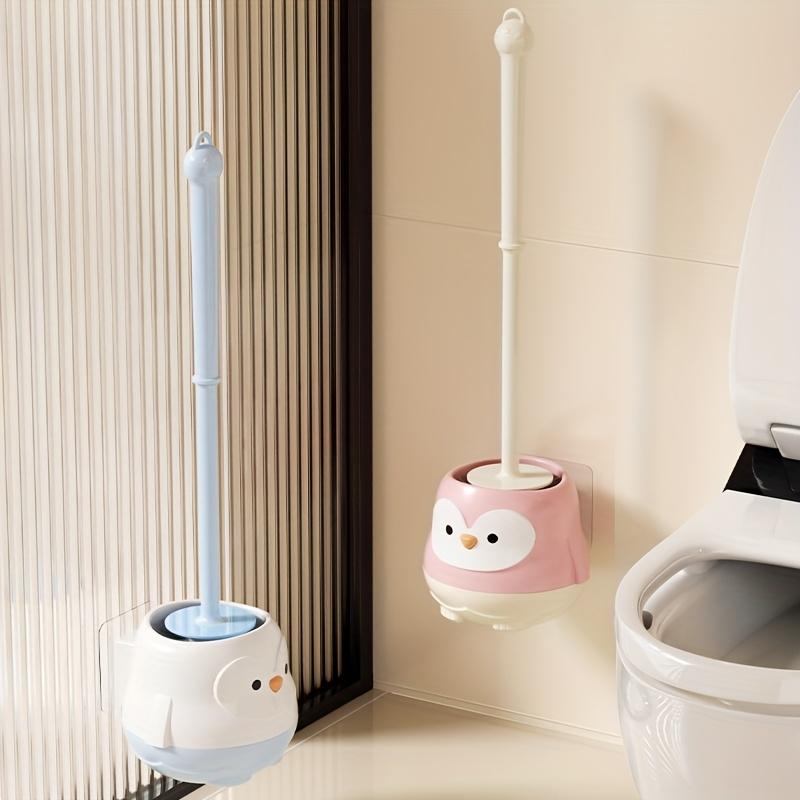 Cute Cartoon Penguin Toilet Brush Set, Wall-mounted Long Handle Cleaner with Holder, No-dead-angle Bathroom Cleaning Tool