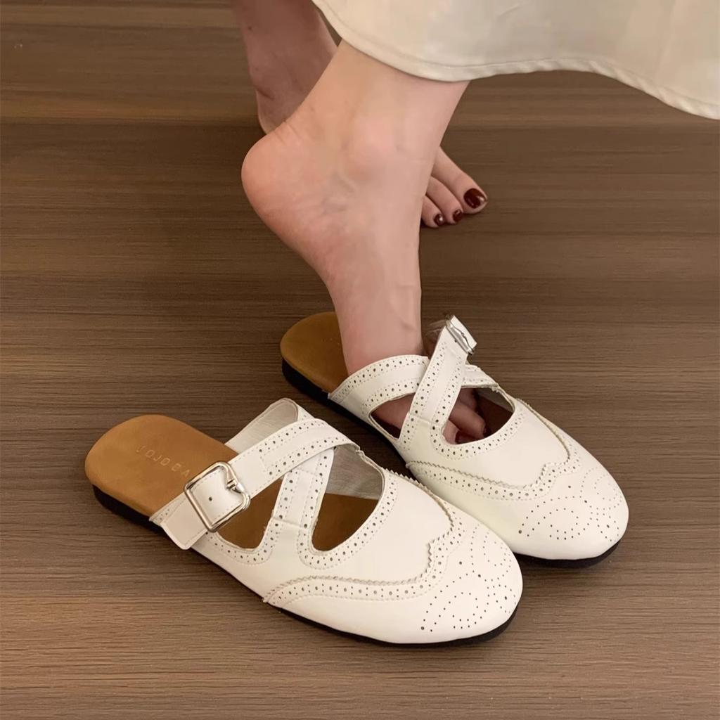 Niche Retro Round Head Flat-bottomed Bag Head Slippers Women's Summer Wear British Brock Cross Strap Lazy Half-tray Sandals