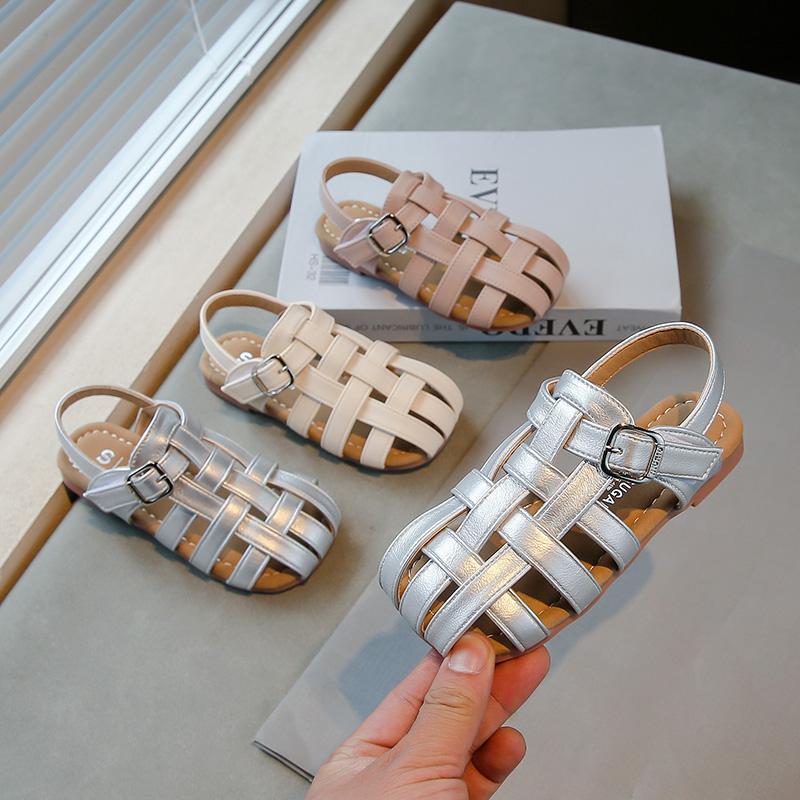 Girls Sandals Soild Color Versatile Kids Princess Shoes Weave Trend 2025 Summer New Children Beach Shoes Hollowed-out Breathable
