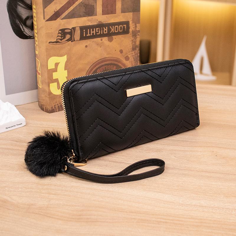 Autumn and Winter New Wallet Women's Long Zipper Hairball Mobile Phone Bag Solid Color Change Clip Handbag One Piece