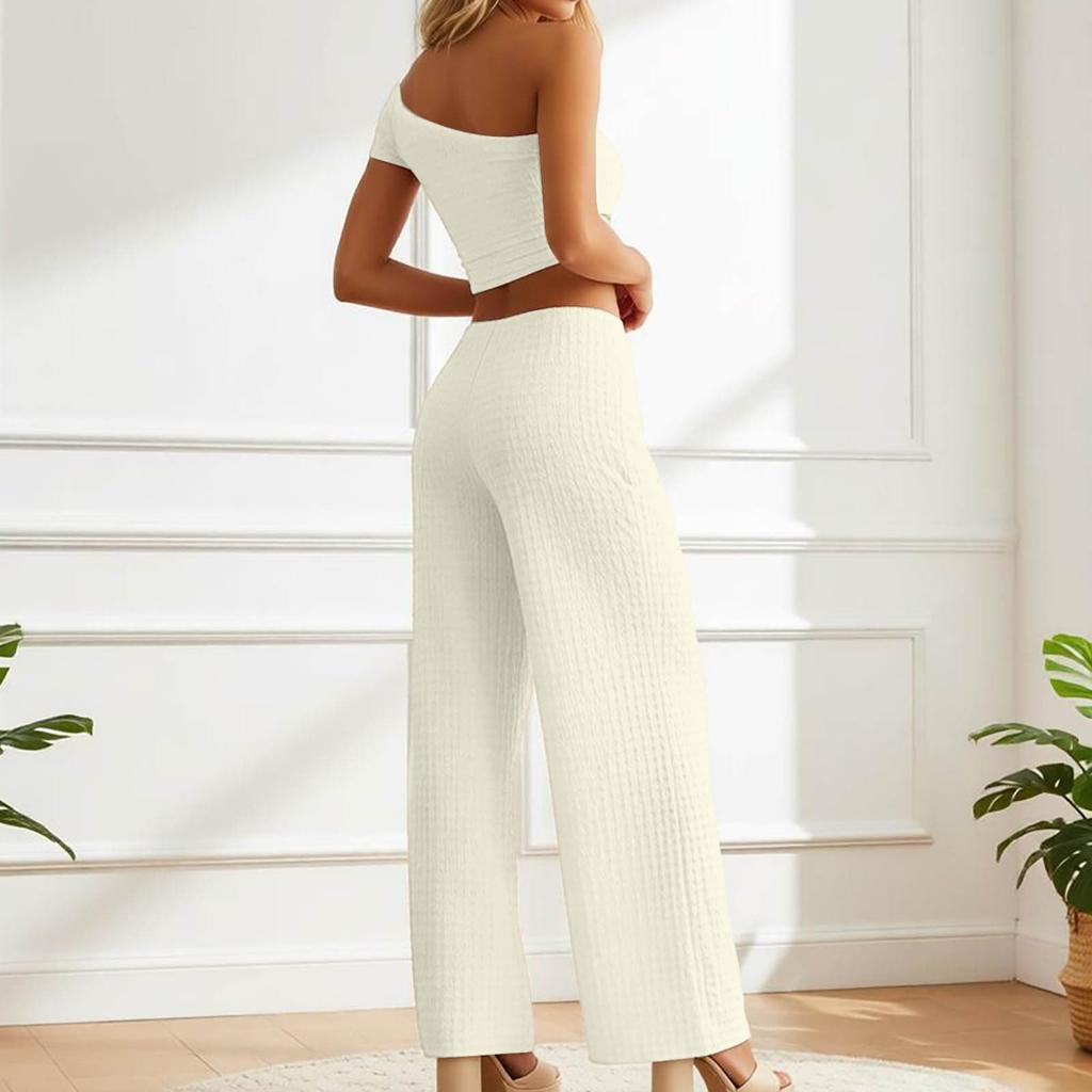 Damen Sommer Zweiteiler Ein Schulter Kurzarm Top Hohe Taille Weite Hosen Freizeit Outfit