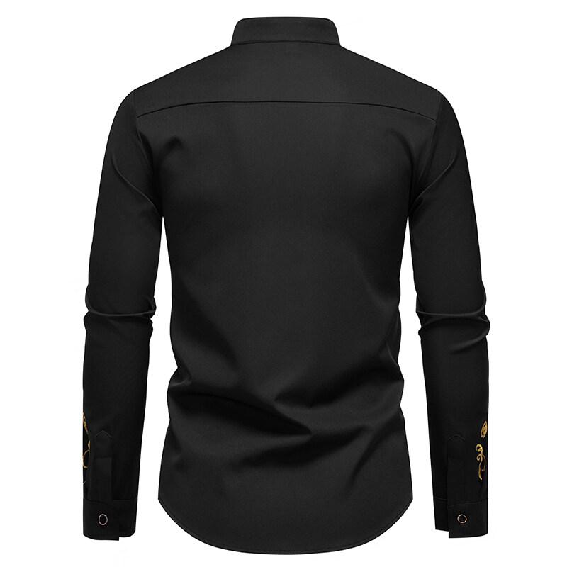 Camisa de Manga Larga Bordada para Hombre de Primavera Casual Sólida con Cuello Mao Camisas Masculinas Estilo Corte Europeo Fiesta Discoteca