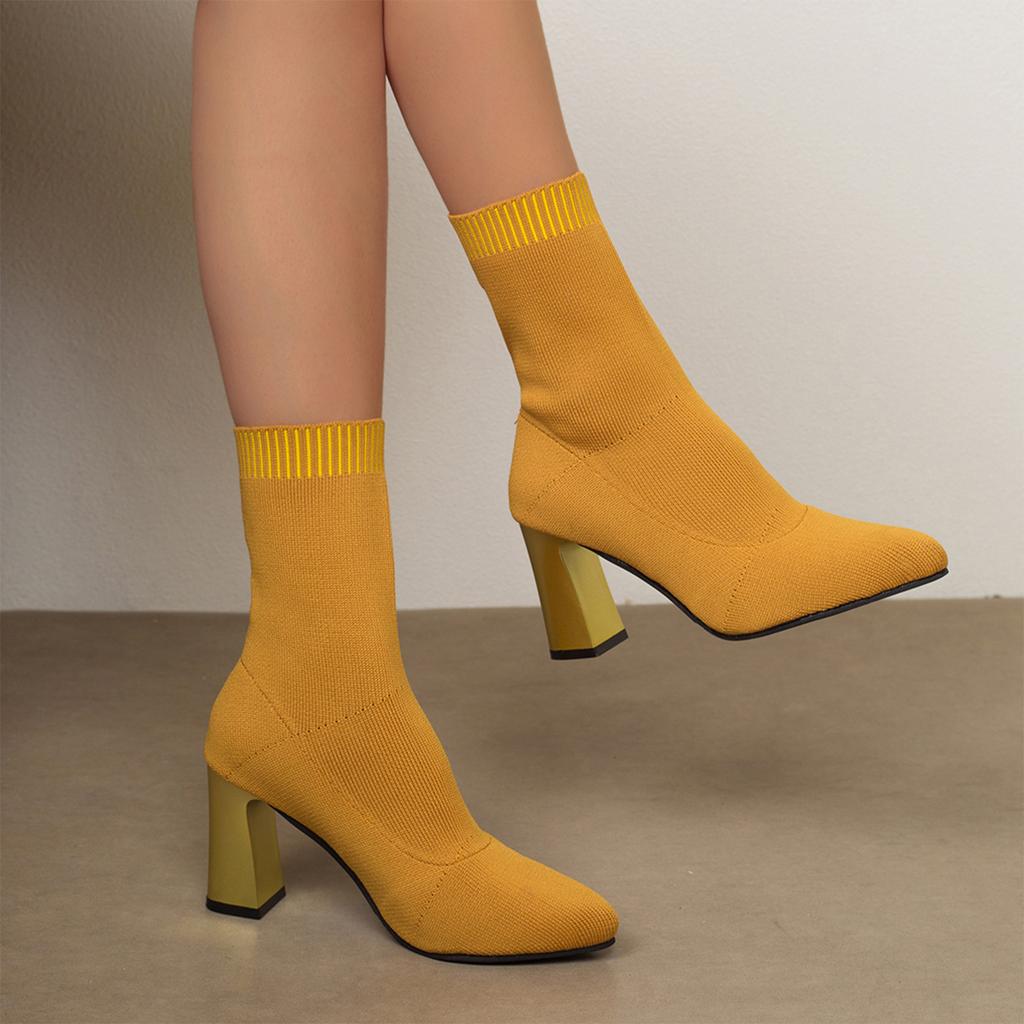 Women's Pointed Toe Stretch Knit Sock Boots, Mid-Calf High Heel Boots for Fall and Winter