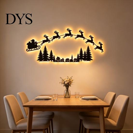 Wooden Christmas Wall Art Lighted Santa Sleigh Reindeer Decor with Remote, LED Flying Bedroom Decorative Night Light Art, Warm Backlit Peel And Stick