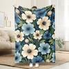 1pc Extra Large Soft Fleece Blanket - Navy Blue, Beige, White, Green Floral Pattern - All-Season Luxury Bedspread/Throw - Machin