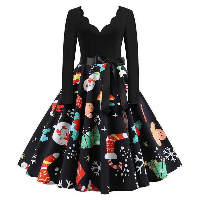 E-Commerce Hepburn Retro Christmas Print V-Neck Splicing Long-Sleeved Pendulum Dress