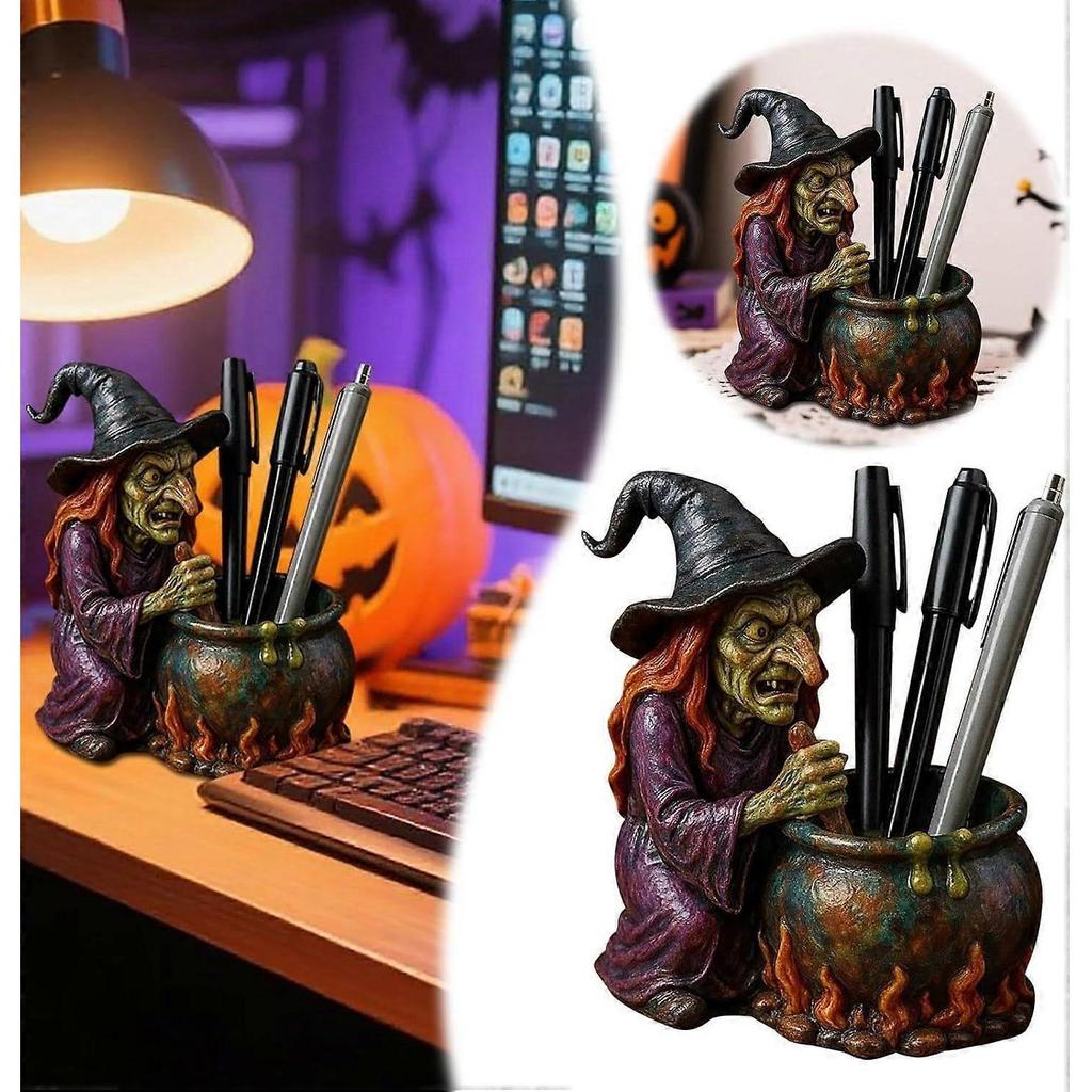 Magic Witch Pen Holder, Witch Cauldron Pen Holder for Horror Fans & Fantasy Lovers, Resin Cauldron Pen Organizer with Spooky Witch Design
