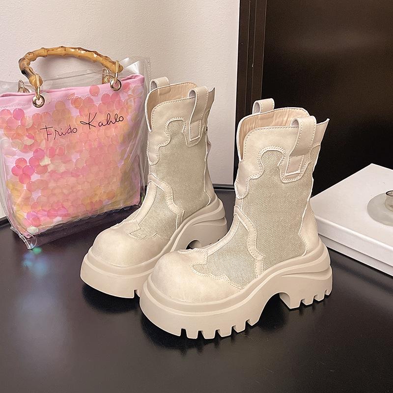 

Британские ботинки Мартин 2025 новые французские комбинированные ботинки в стиле вестерн-ковбой, ретро-цветовая гамма, на толстой подошве, средней высоты 40 бежевый