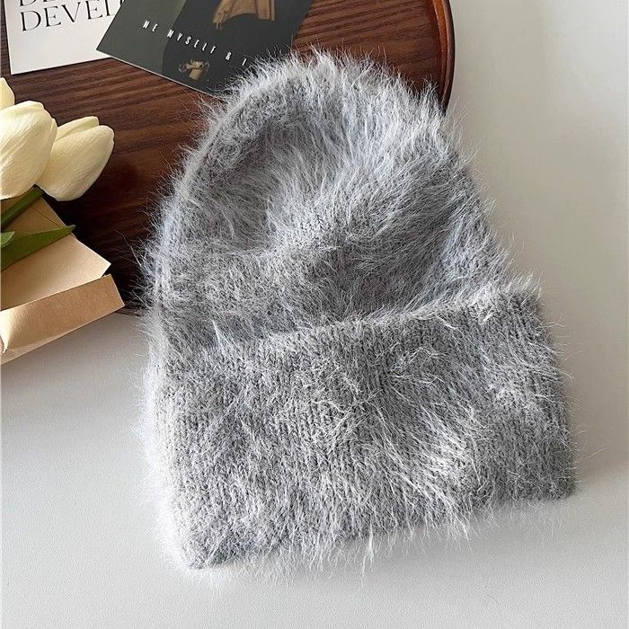 Women Winter Soft Faux Mink Fur Knitted Beanie, Japanese & Korean Style Warm Thick Cashmere-Like Rolled Edge Hat, Cozy Fluffy Purple Knit Cap