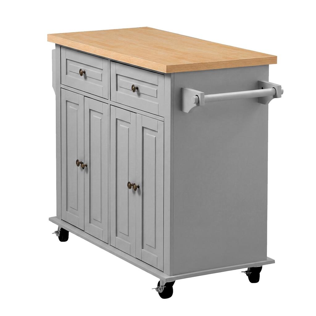 Kitchen Island Cart with Storage, 1110 mm Wide Mobile Rolling Storage Island on Swivel Wheels, with 2 Drawers, Storage Cabinet, Spice/Towel Rack,