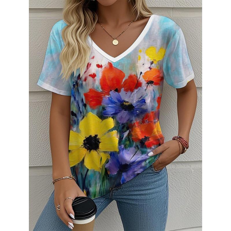 Flower Women's V-neck T-shirt Summer Outdoor Casual Short Sleeve Tops Fashion 3D Printing Trendy OverSize Women's Clothing