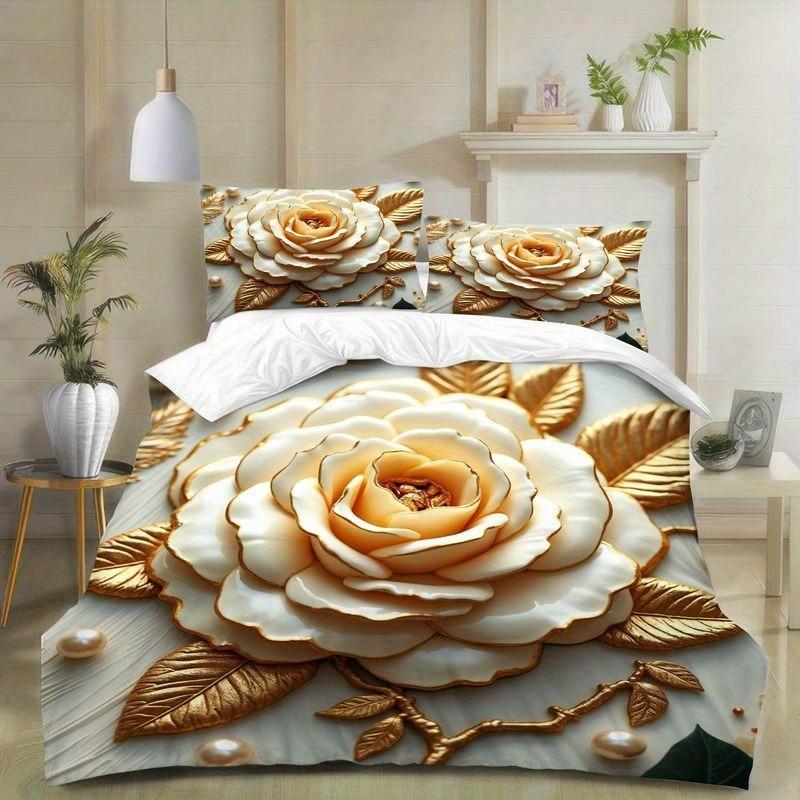 Golden Floral Bedding Set Duvet Cover Set Quilt Cover With Pillowcase For Bedroom Decor Birthday Gift Halloween Christmas Gift