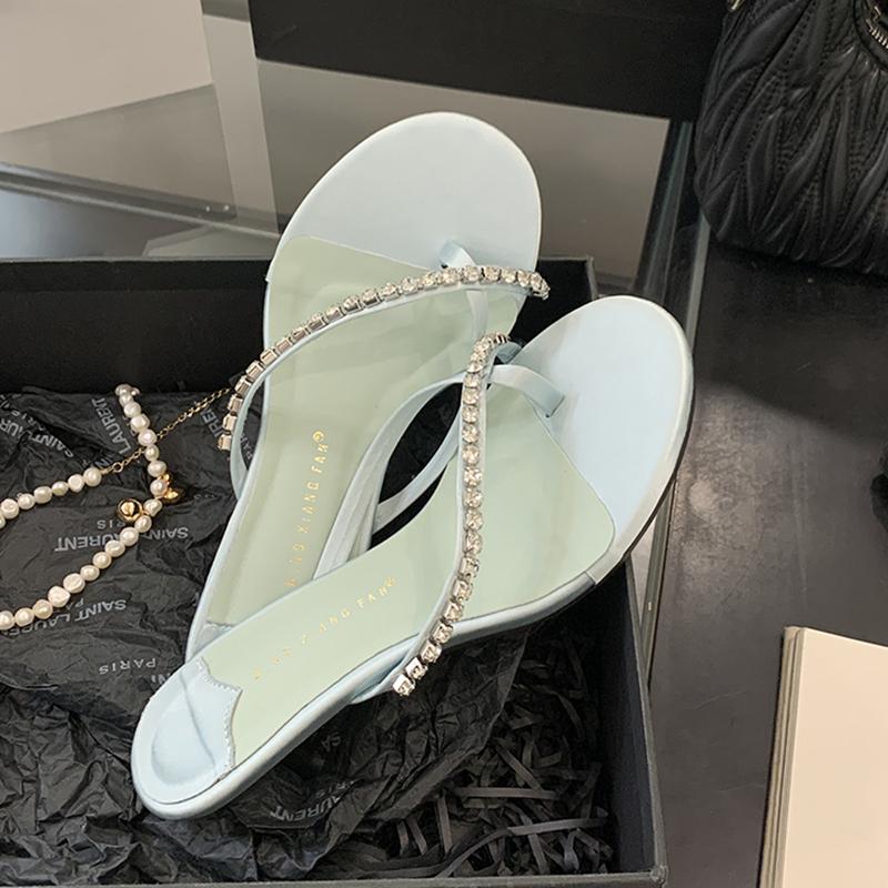 Fashion SUOJAILUN 2025 Summer New Brand Women Slipper Fashion Crystal Narrow Band Slip On Slides Thin Low Heel Outdoor Dress Sandal Shoe