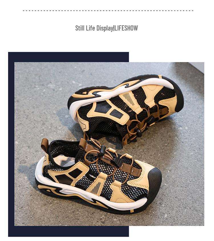 Letnie siatkowe sandały sportowe dla chłopców 2026: Miękka podeszwa, zamknięty czubek. Idealne dla średnich i dużych dzieci na plaży.