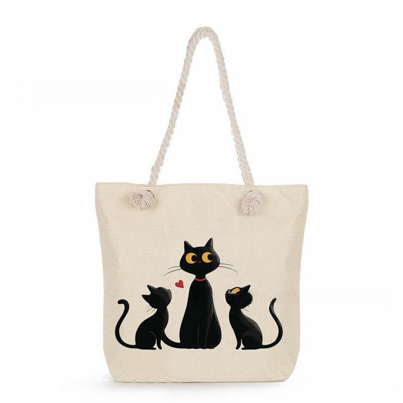 Black cat print thick rope single-shoulder beach bag 7364
