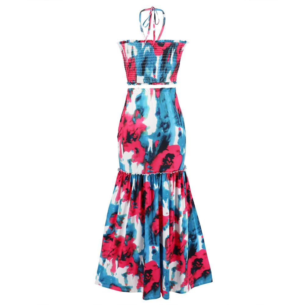 Zweiteiliges Set für Damen, Bohemian-Druck, Kleid, Zopfmuster, hängender Hals, Oberteil, Hüfte, umwickelt, Fischschwanz